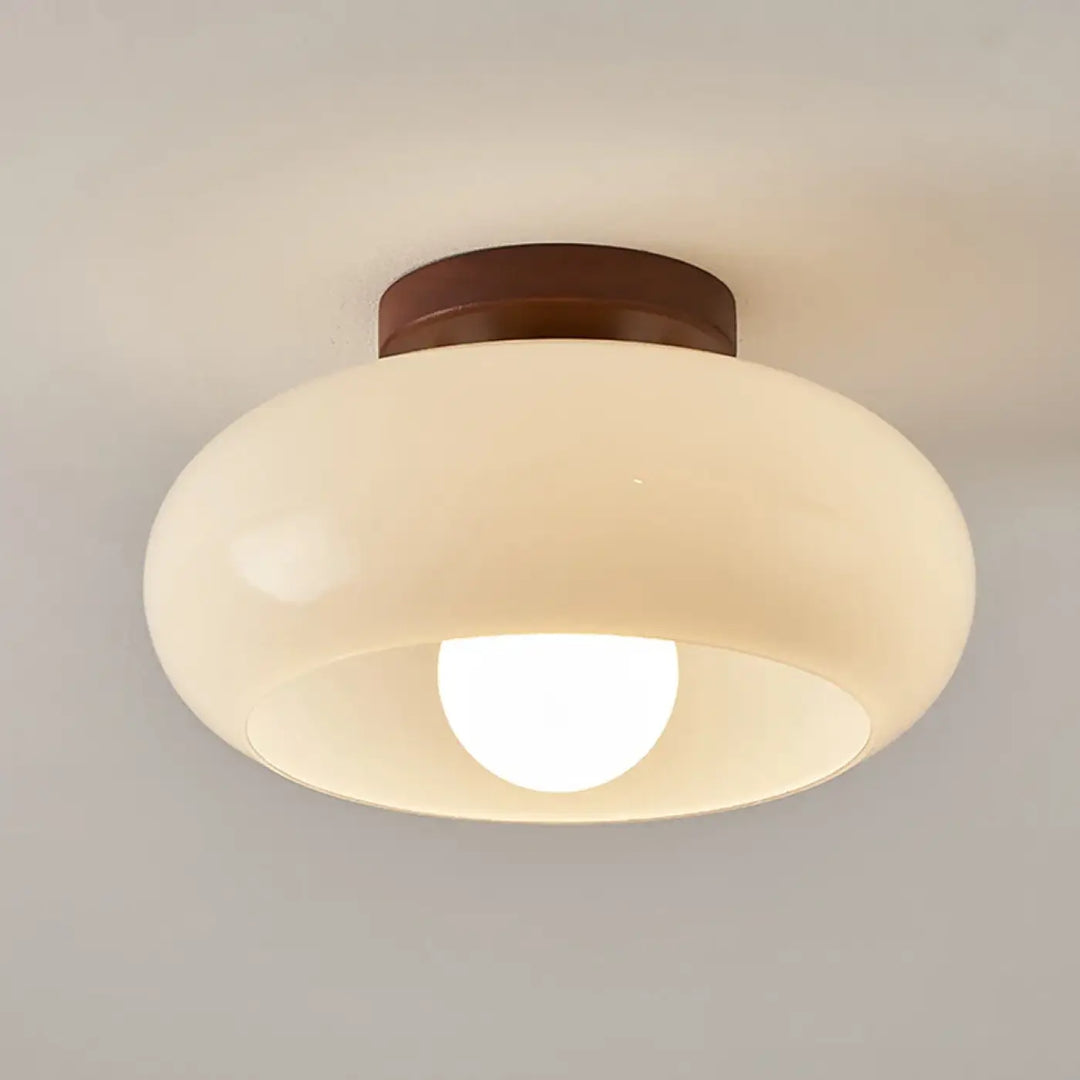 Luminaire plafonnier en verre blanc et bois naturel moderne