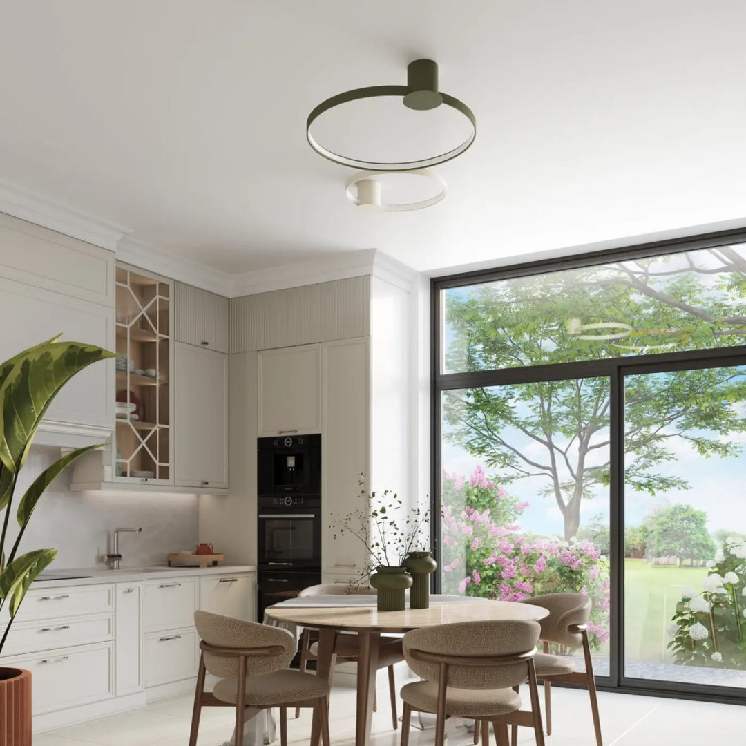 Luminaire plafonnier collection rio design moderne avec deux anneaux concentriques vert olive mat et blanc 4000k