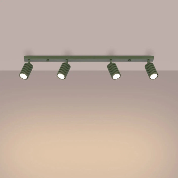 Plafonnier karbon allie en métal vert olive avec quatre spots cylindriques à ampoules gu10 interchangeables design minimaliste