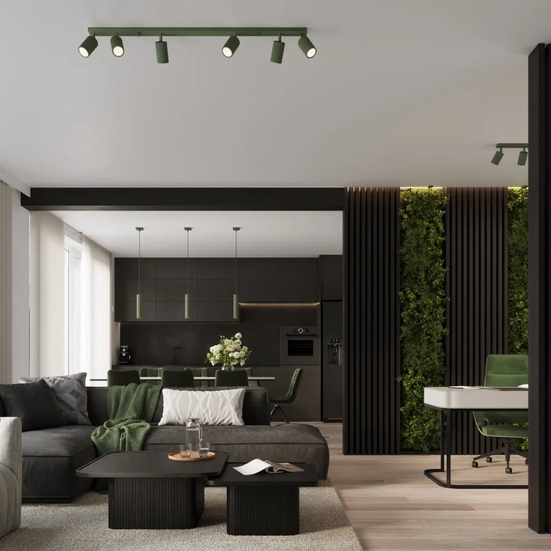 Plafonnier karbon allie design minimaliste avec 4 ampoules gu10 interchangeables vert olive et projecteurs réglables