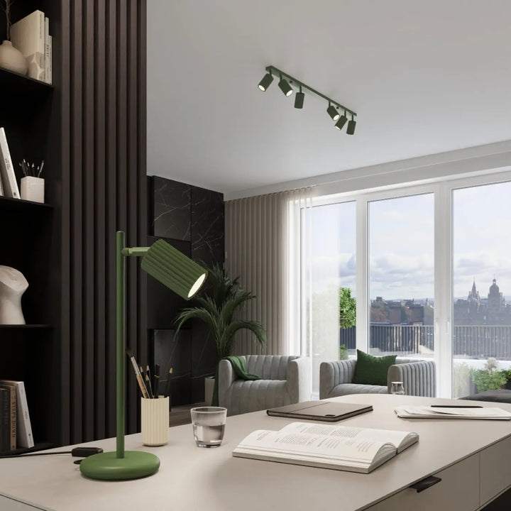 Plafonnier karbon allie vert olive avec lampe de bureau métal design minimaliste et ampoules gu10 interchangeables
