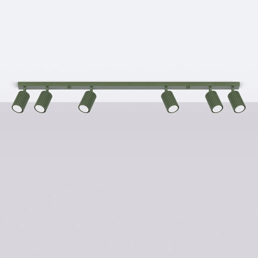 Luminaire plafonnier karbon allie vert olive avec six spots cylindriques en métal et ampoules gu10 interchangeables design minimaliste