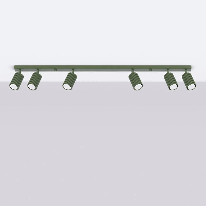 Luminaire plafonnier karbon allie vert olive avec six spots cylindriques en métal et ampoules gu10 interchangeables design minimaliste