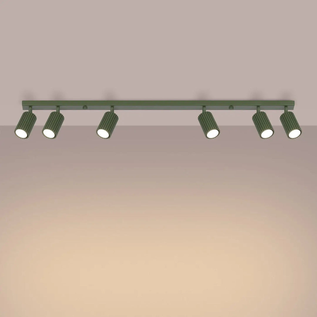 Plafonnier karbon allie design minimaliste vert olive avec six ampoules gu10 interchangeables cylindriques nervurées