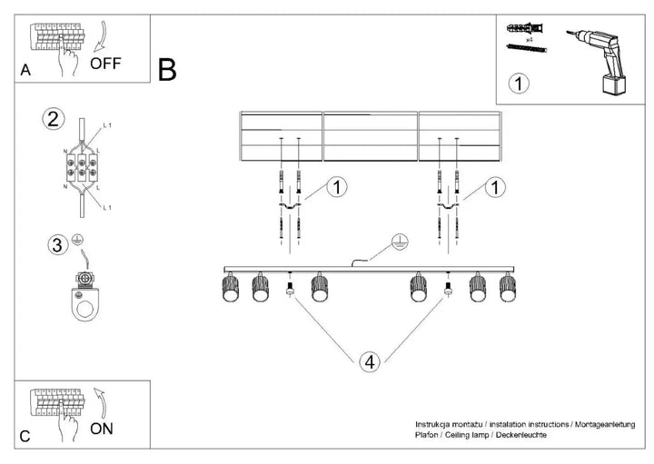 Dessin en ligne noir et blanc d un plafonnier karbon allie avec six ampoules gu10 interchangeables design minimaliste vert olive
