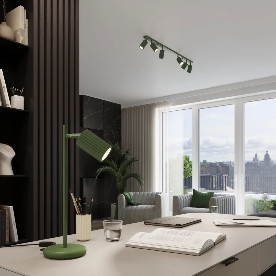 Plafonnier karbon allie design minimaliste vert olive avec ampoules gu10 interchangeables et lampe de bureau en métal