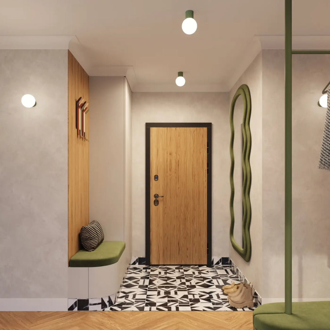 Porte en bois à grain vertical avec cadre noir et poignée métallique pour lampe halo bureau décorative sphère laiteuse