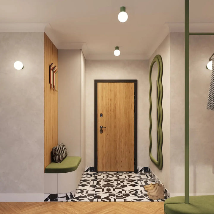 Porte en bois à grain vertical avec cadre noir et poignée métallique pour lampe halo bureau décorative sphère laiteuse