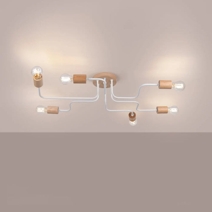 Lustre blanc/bois naturel allumé