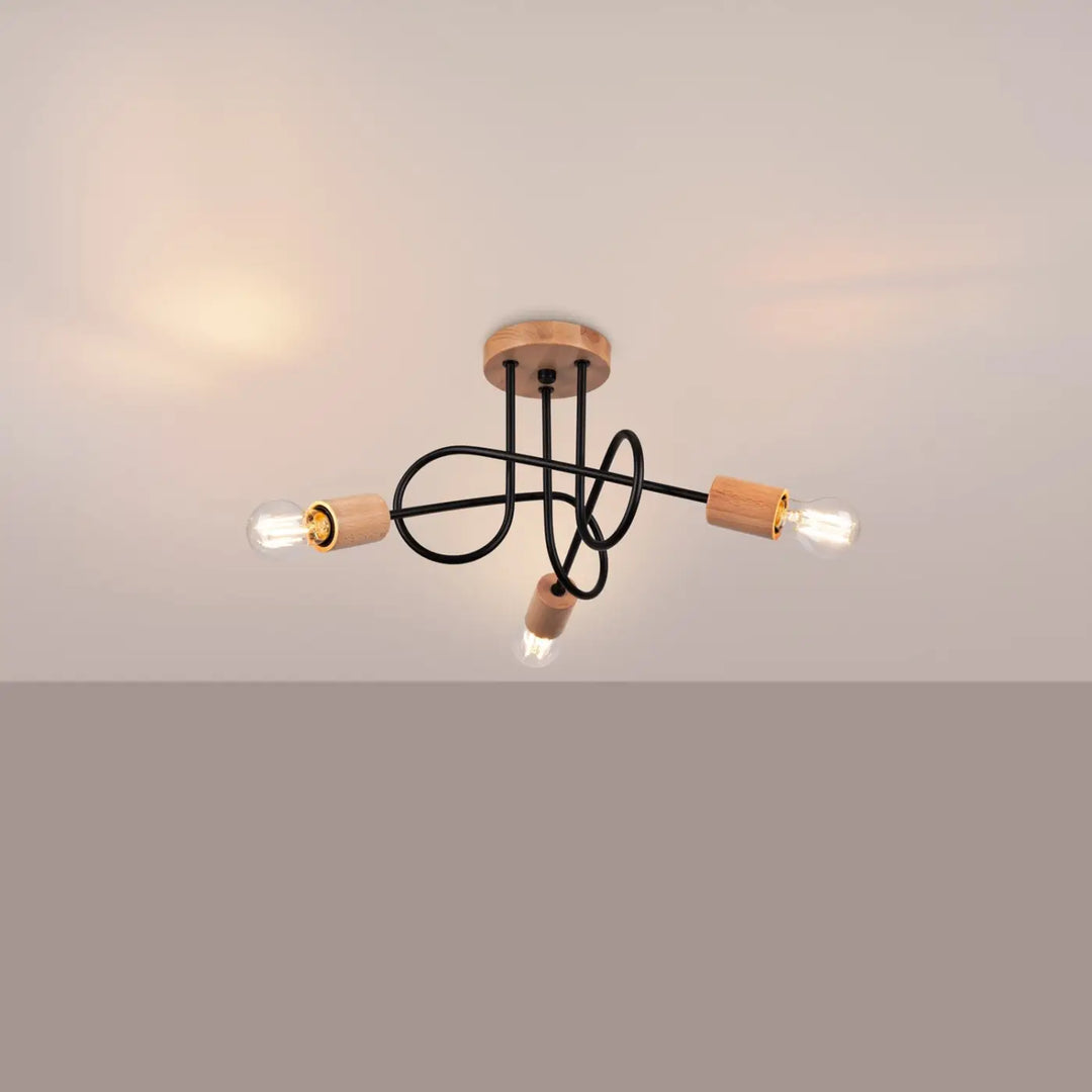 Lustre noir/bois naturel allumé