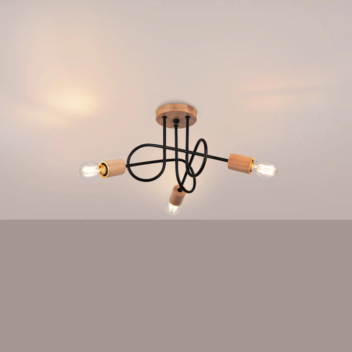 Lustre noir/bois naturel allumé