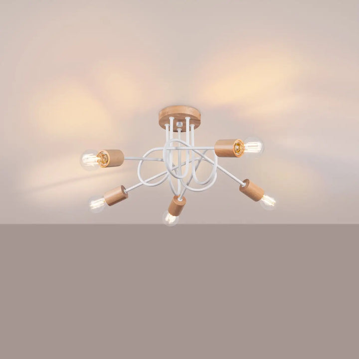 Lustre blanc/bois naturel allumé