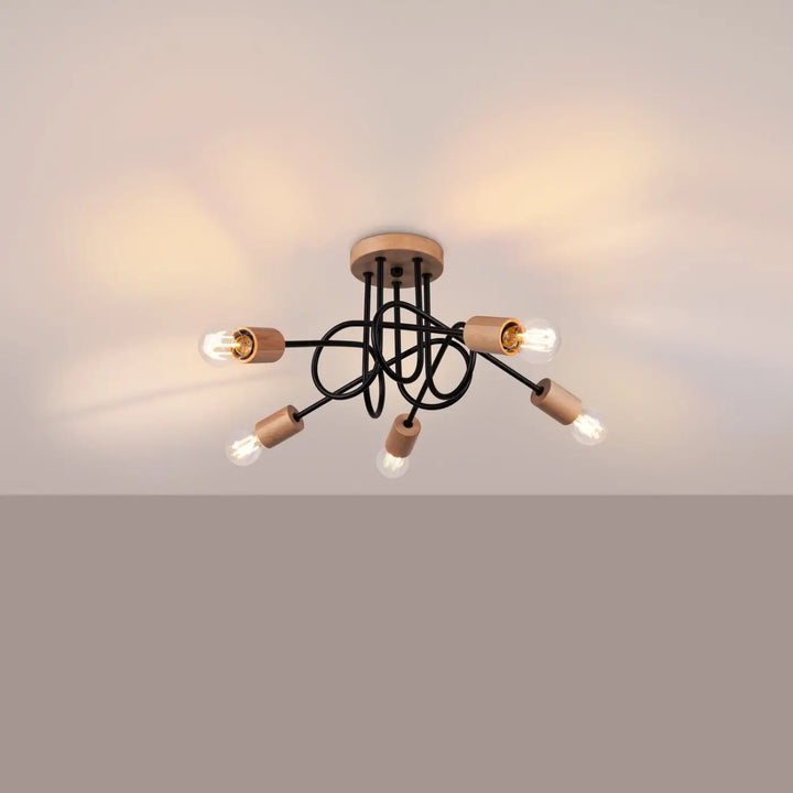 Lustre noir/bois naturel allumé