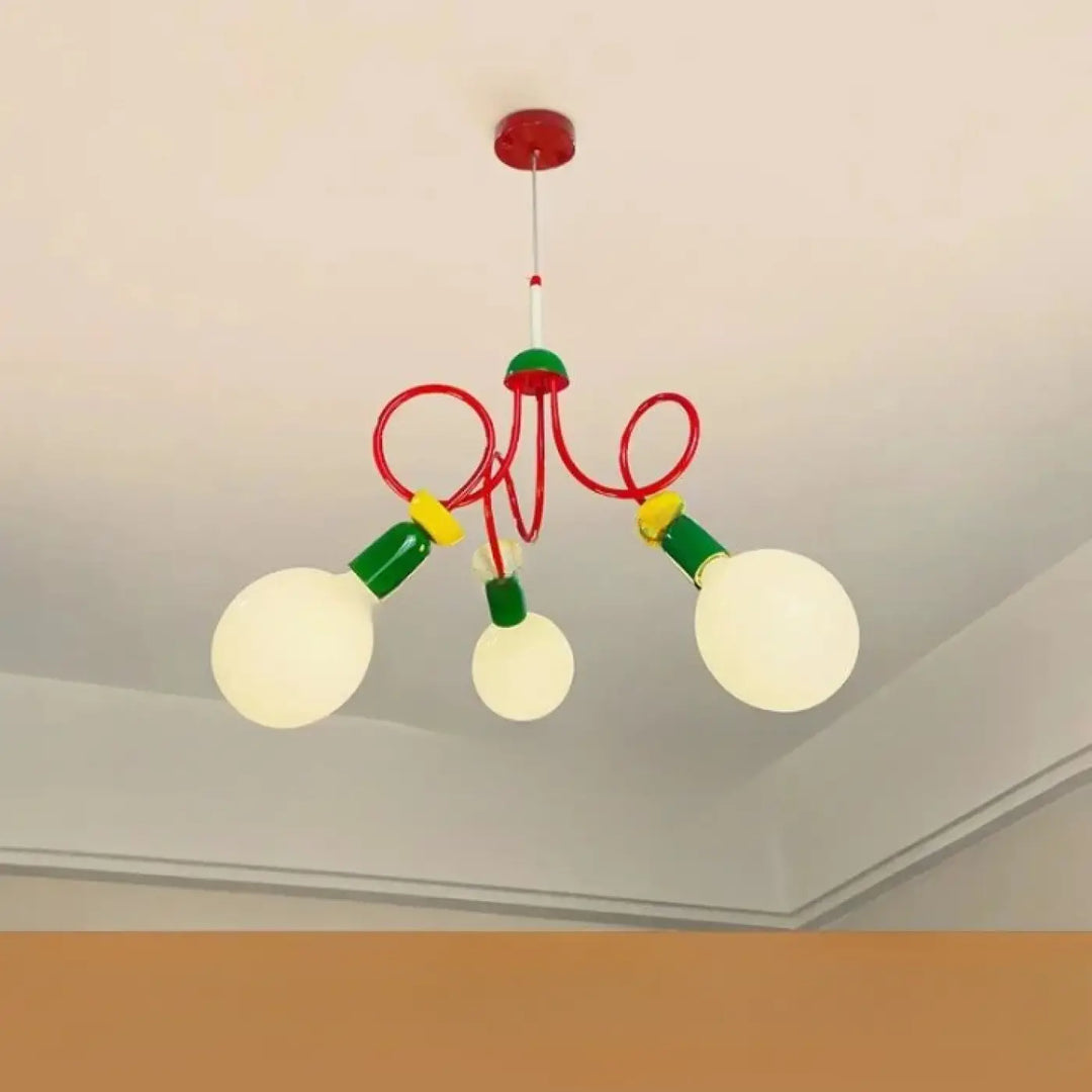 Lustre filéa luminaire décoratif d’intérieur rouge vert jaune avec trois ampoules blanches sphériques