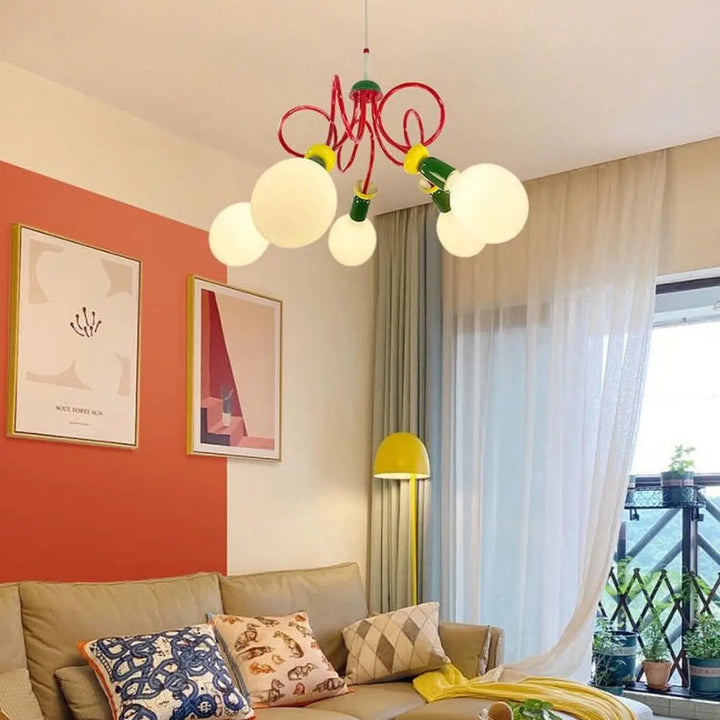 Lustre filéa luminaire décoratif d’intérieur rouge vert jaune avec globes en verre dépoli multicolore