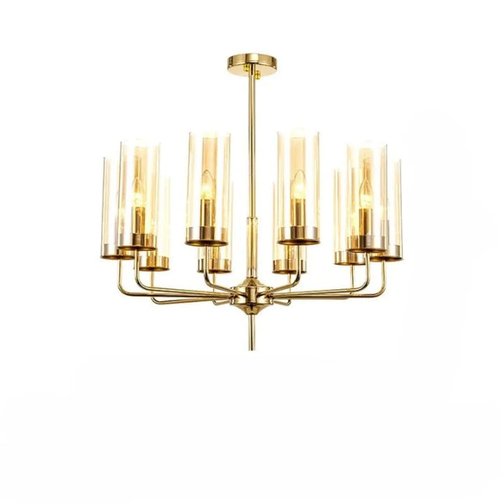 Lustre organisis est un élégant chandelier doré avec cylindres en verre nordique et accents en laiton