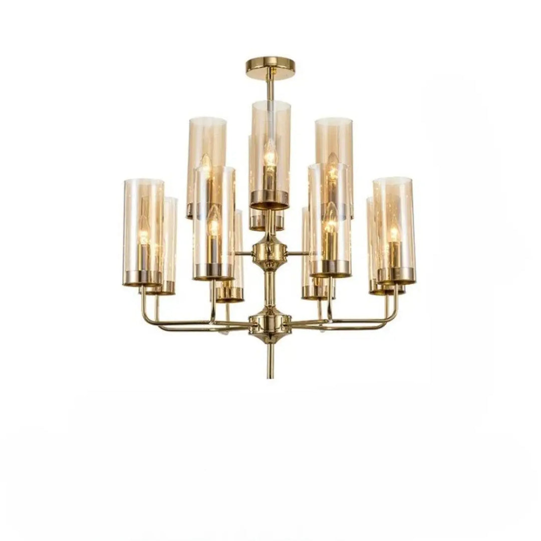 Lustre organisis chandelier élégant doré avec abat-jour en verre ambre cylindrique de design nordique