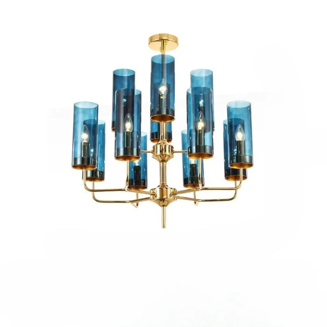 Lustre organisis élégant chandelier en verre cylindrique bleu avec cadre métallique doré design nordique