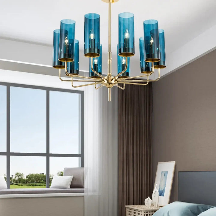 Lustre organis élégant chandelier cylindrique bleu en verre avec cadre métallique doré design nordique