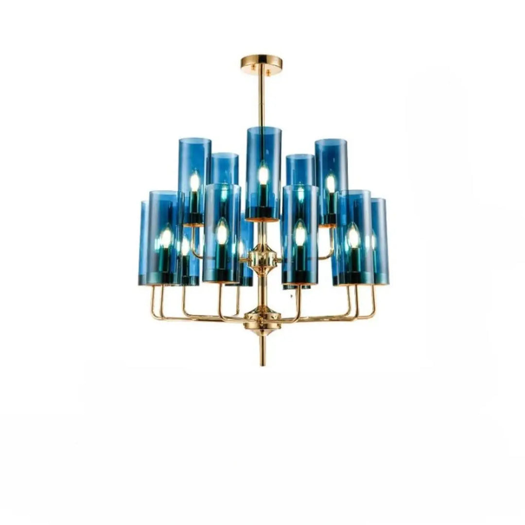 Lustre organis élégant chandelier en verre cylindrique bleu avec finition en laiton or nordic design lighting