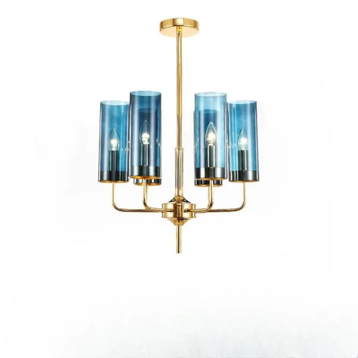 Elegant chandelier lustre | ORGANIS en laiton doré avec cinq abat-jour en verre bleu translucide et design nordique