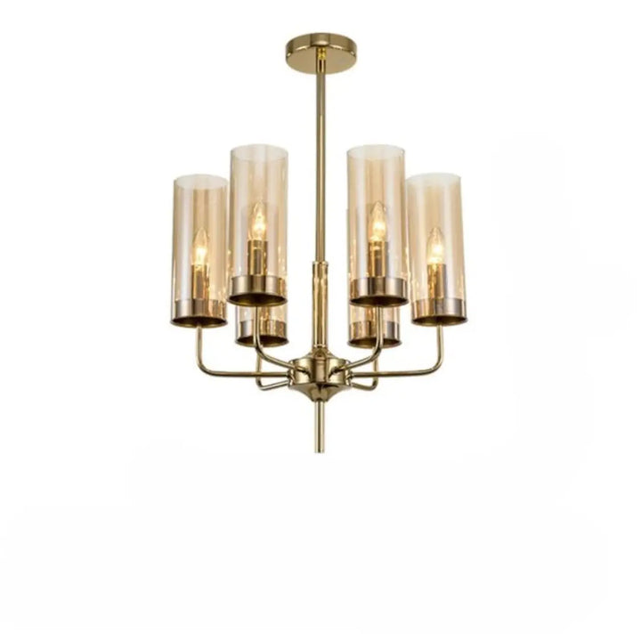 Lustre organis chandelier en laiton avec cinq abat-jours cylindriques en verre fumé design nordique élégant
