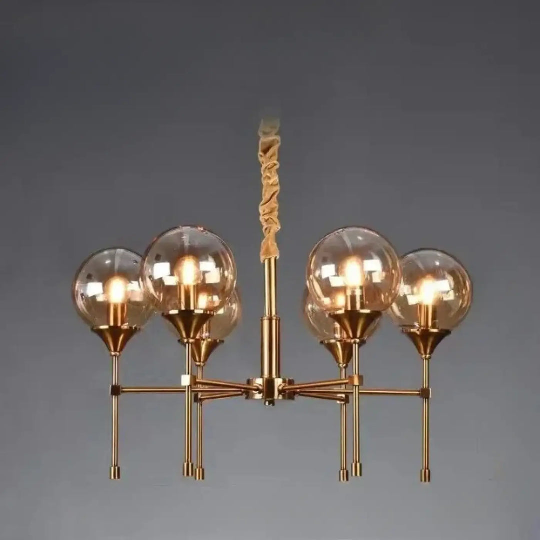 Suspension luminaire bublor en laiton avec cinq globes en verre ambré et câble en tissu torsadé sans frais supplémentaires
