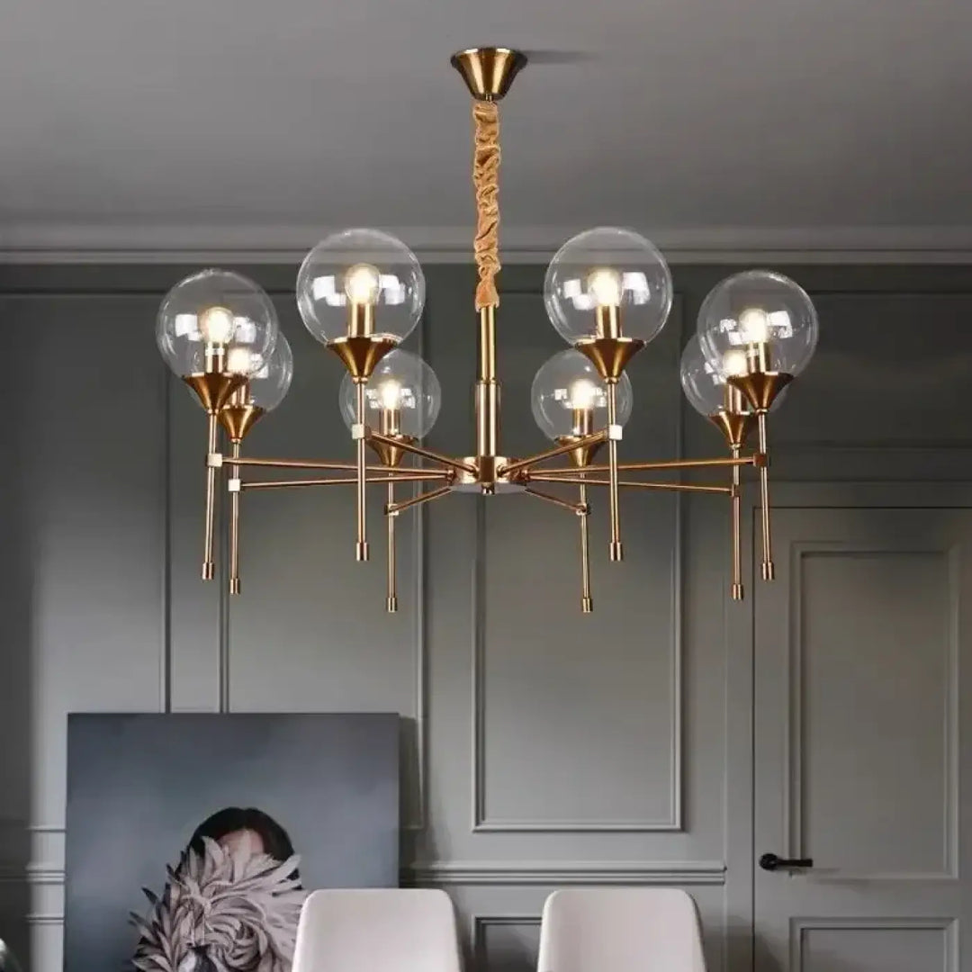 Suspension luminaire bublor en laiton finition avec six globes en verre sphériques et câble en corde torsadée frais supplémentaires possible