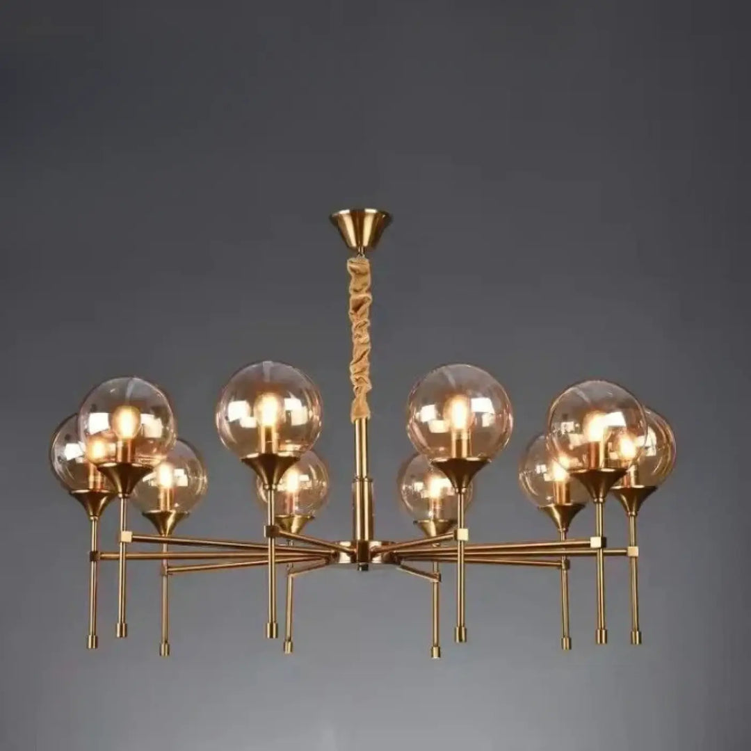 Suspension luminaire bublor en laiton avec huit globes en verre ambré et détail corde torsadée frais supplémentaires