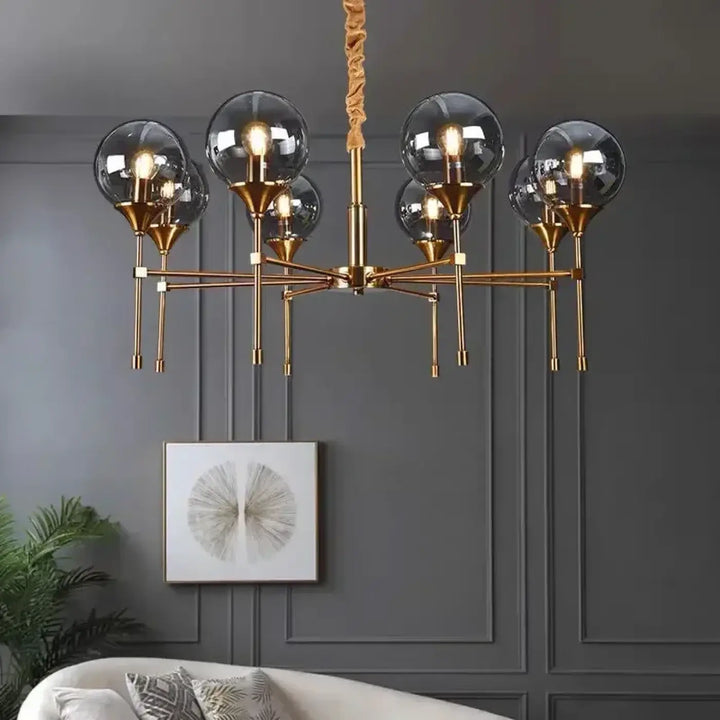 Suspension luminaire bublor doré avec six globes en verre et corde torsadée sans frais supplémentaires