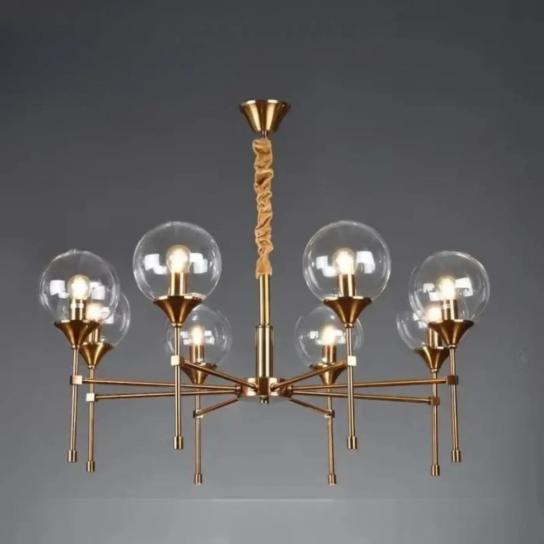Suspension luminaire bublor en finition laiton avec six globes en verre sphériques et câble torsadé sans frais supplémentaires