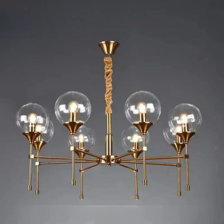 Suspension luminaire bublor en finition laiton avec six globes en verre sphériques et câble torsadé sans frais supplémentaires
