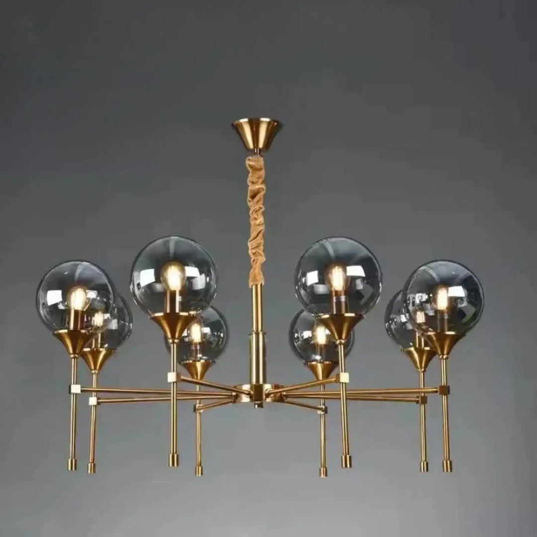 Suspension luminaire bublor en laiton avec six globes en verre sphériques et câble en corde torsadée sans frais supplémentaires