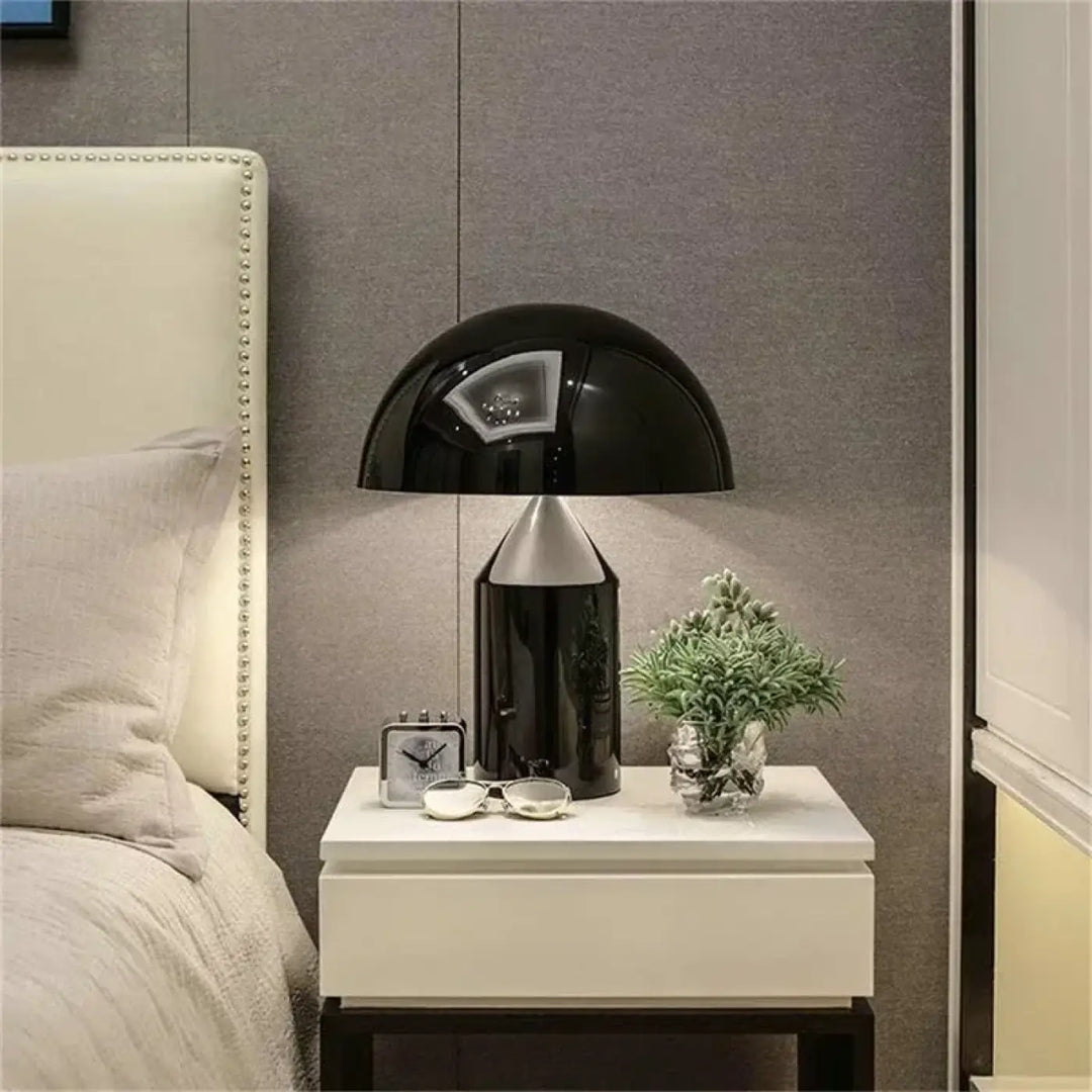 Lampe de table luxumi noir brillant en forme de champignon avec base argentée métallique sans frais supplémentaires