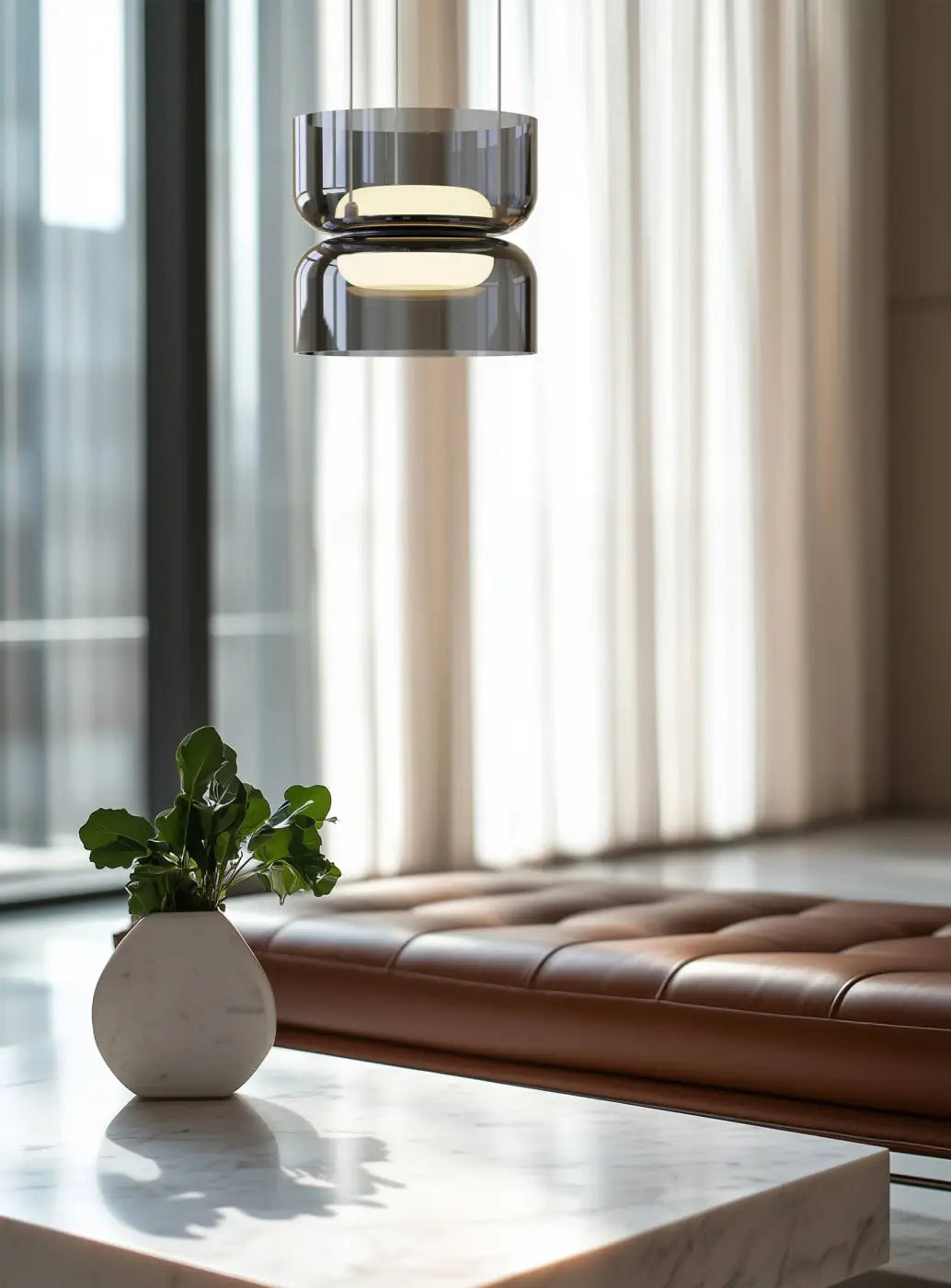 Suspension Totem Mini Pablo Designs en verre soufflé fumé, éclairage haut et bas, mise en situation