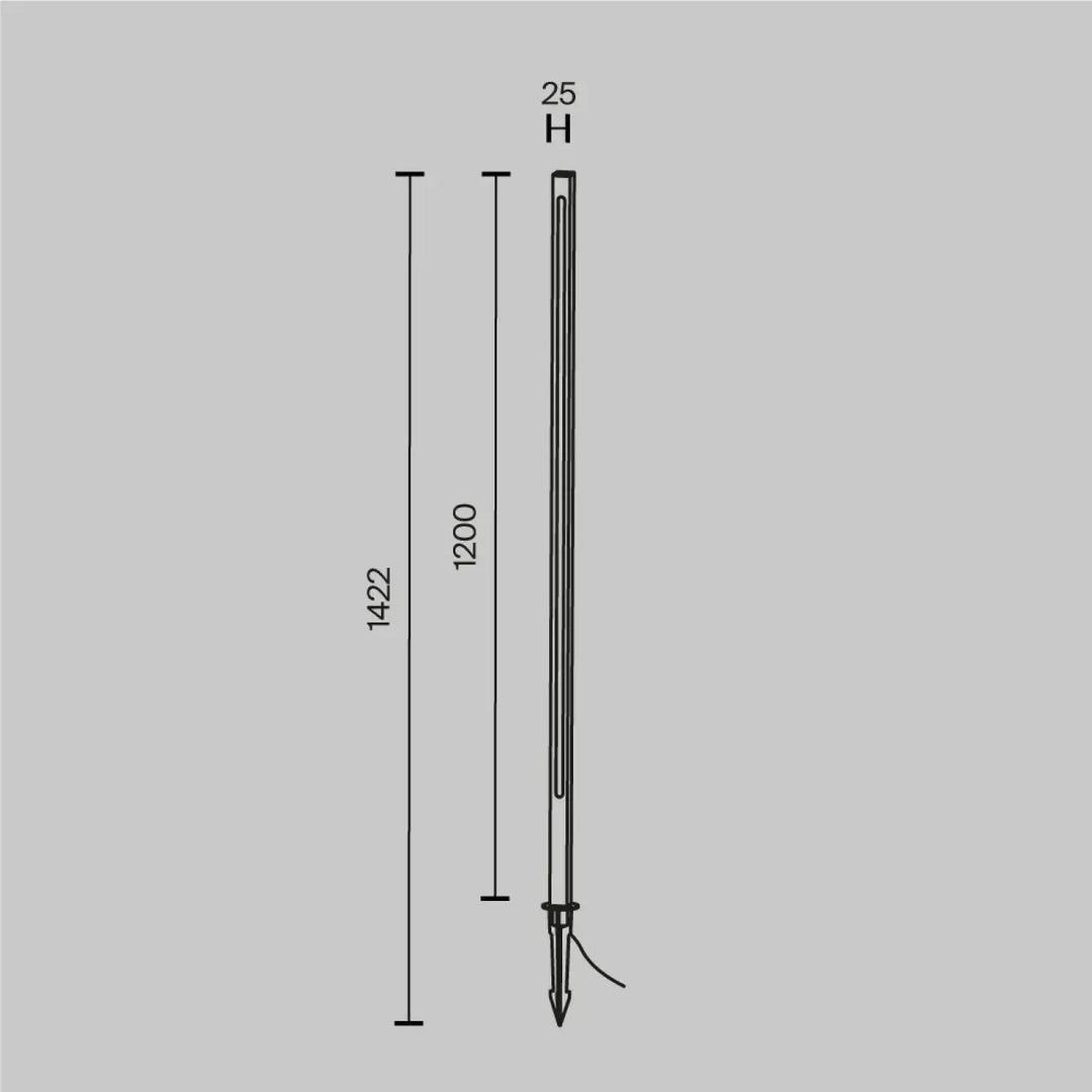 Poteau lumineux noir en métal avec corps cylindrique fin et pointe, disponible en trois hauteurs blanc chaud