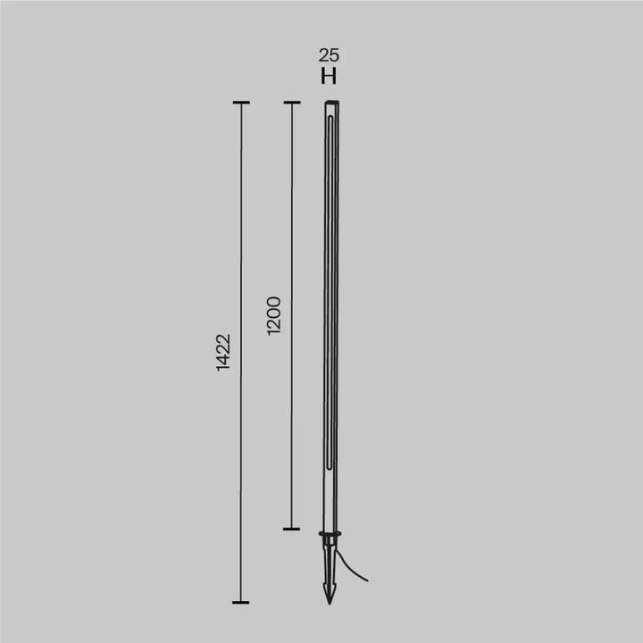 Poteau lumineux noir en métal avec corps cylindrique fin et pointe, disponible en trois hauteurs blanc chaud