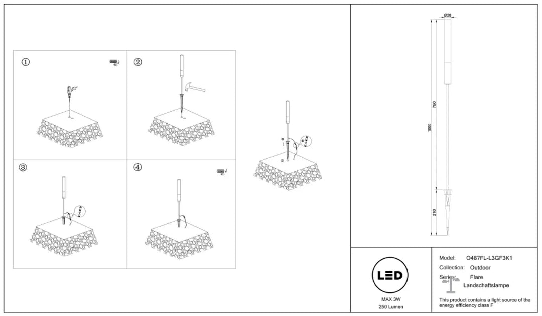 Luminaire extérieur flare modèle 0487fl3gf3k1 en aluminium noir piquet lumineux tige fine avec finition métallique sleek