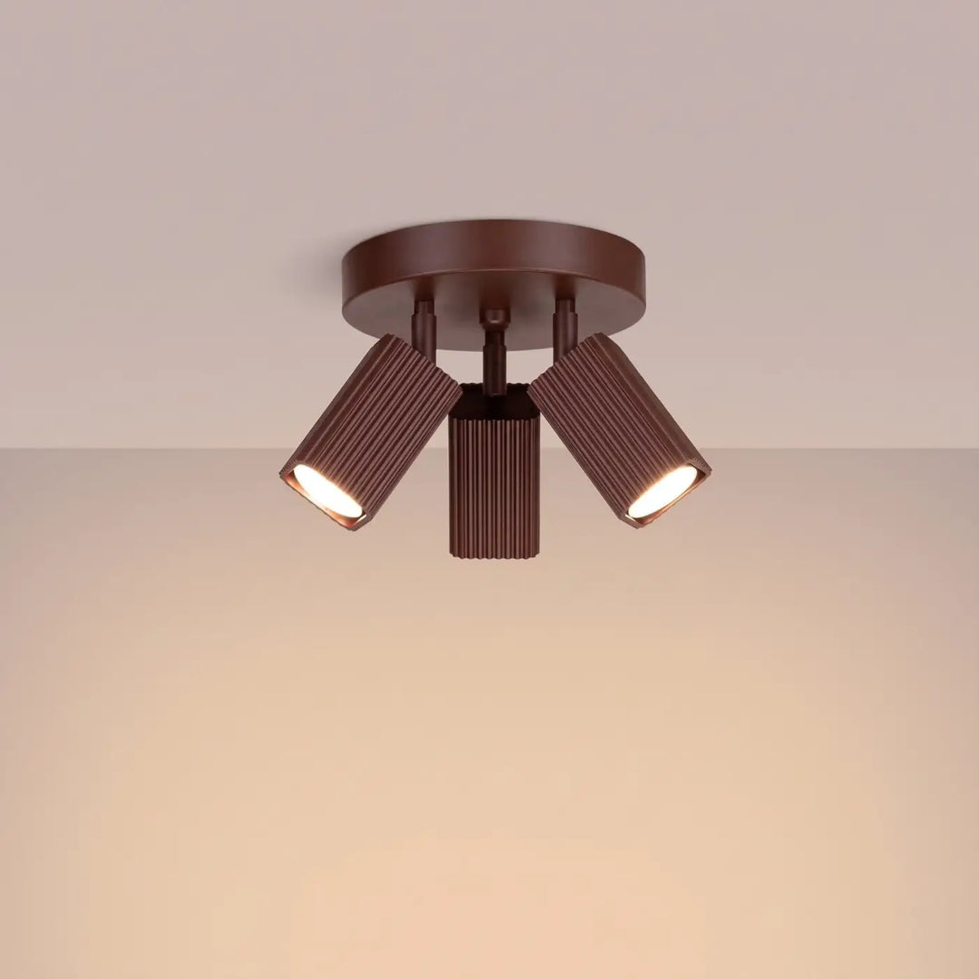 Plafonnier Rayo marron à 3 spots orientables, allumé
