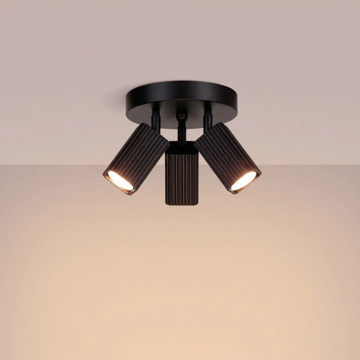 Plafonnier Rayo noir à 3 spots orientables, allumé