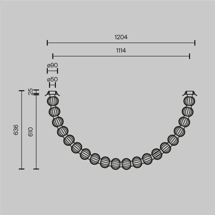 Plafonnier amulet métal doré avec chaîne courbée de perles sphériques nervurées pour salle à manger élégante