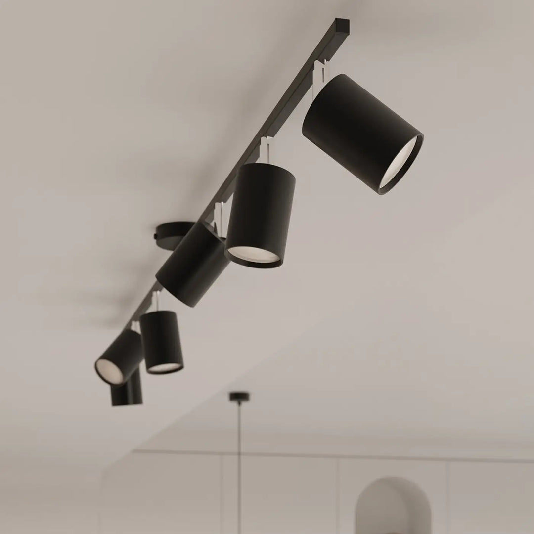 Luminaire plafonnier noir, spots sur la rampe vus de près