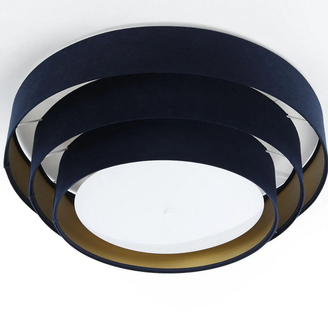 Plafonnier bleu marine triniti veloursstoff avec trois anneaux concentriques en velours bleu marine et diffuseur blanc central