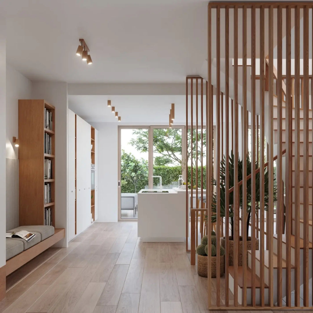 Plafonniers en bois de chêne dans un intérieur clair