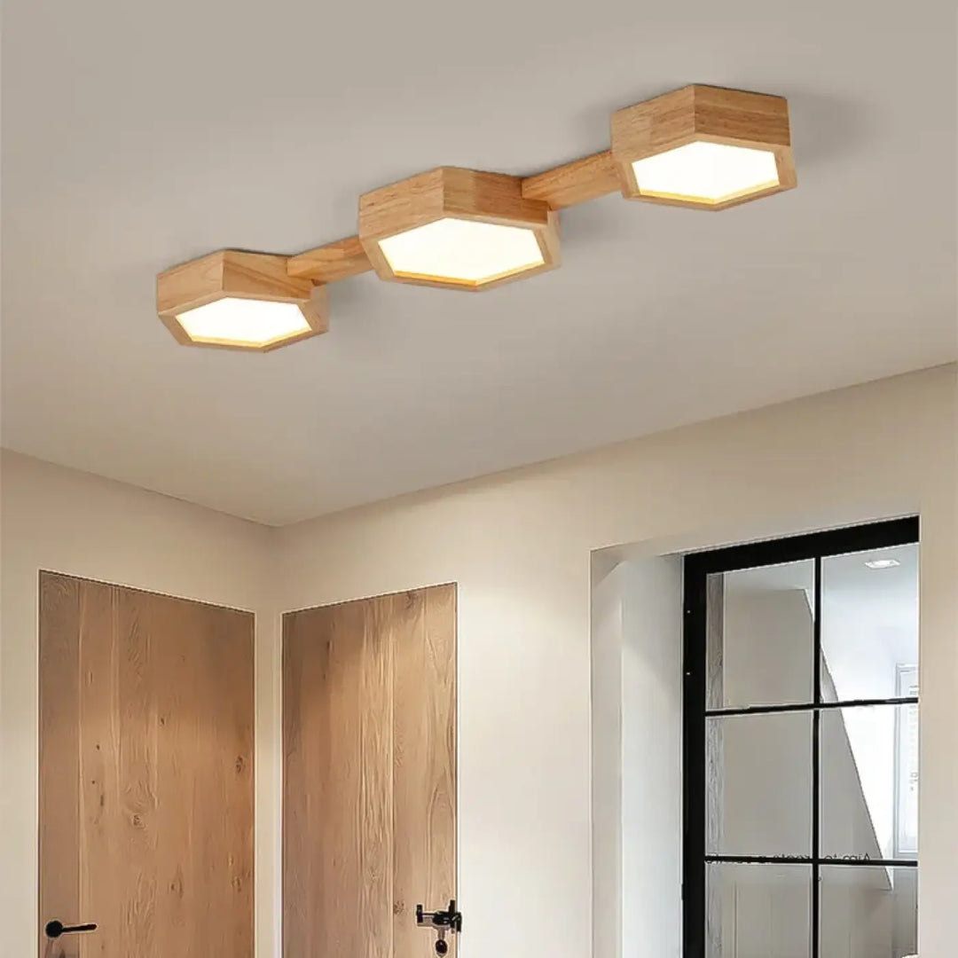 Plafonnier bois naturel led design géométrique élégant et moderne