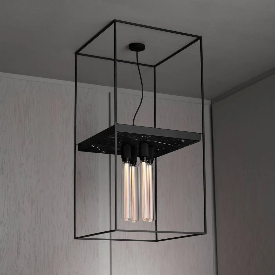 Plafonnier Caged 4.0 en marbre noir et cage en métal noir mat #couleur_noir