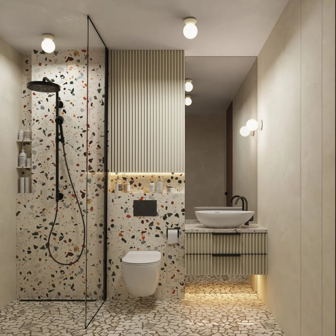 Luminaire plafonnier beige dans une salle de bains