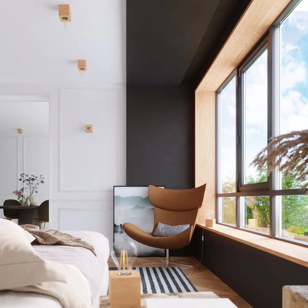 Plafonnier bois naturel dans un intérieur contemporain