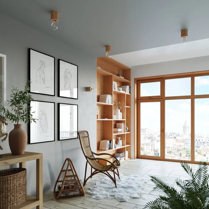 Plafonnier bois naturel dans un intérieur contemporain