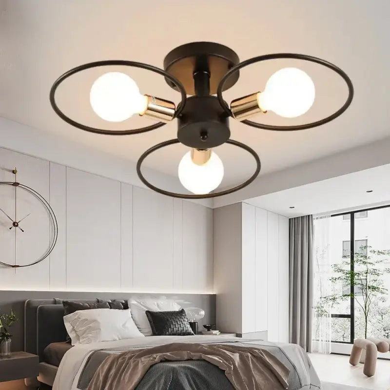 Plafonnier Design À Anneaux Métal Noir Et Ampoules Rétro

